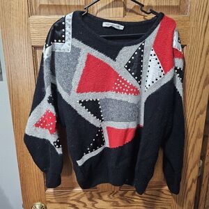 Vintage Black Courtney Rhodes Red Gray Geometric Angora Rabbit Sweater Size Med